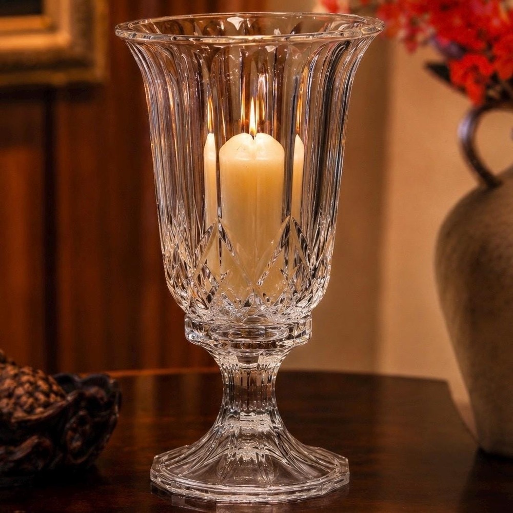 Hurricane Pillar Candle Holder 12.5" Lead Crystal 2 PC Centerpiece VTG 90s